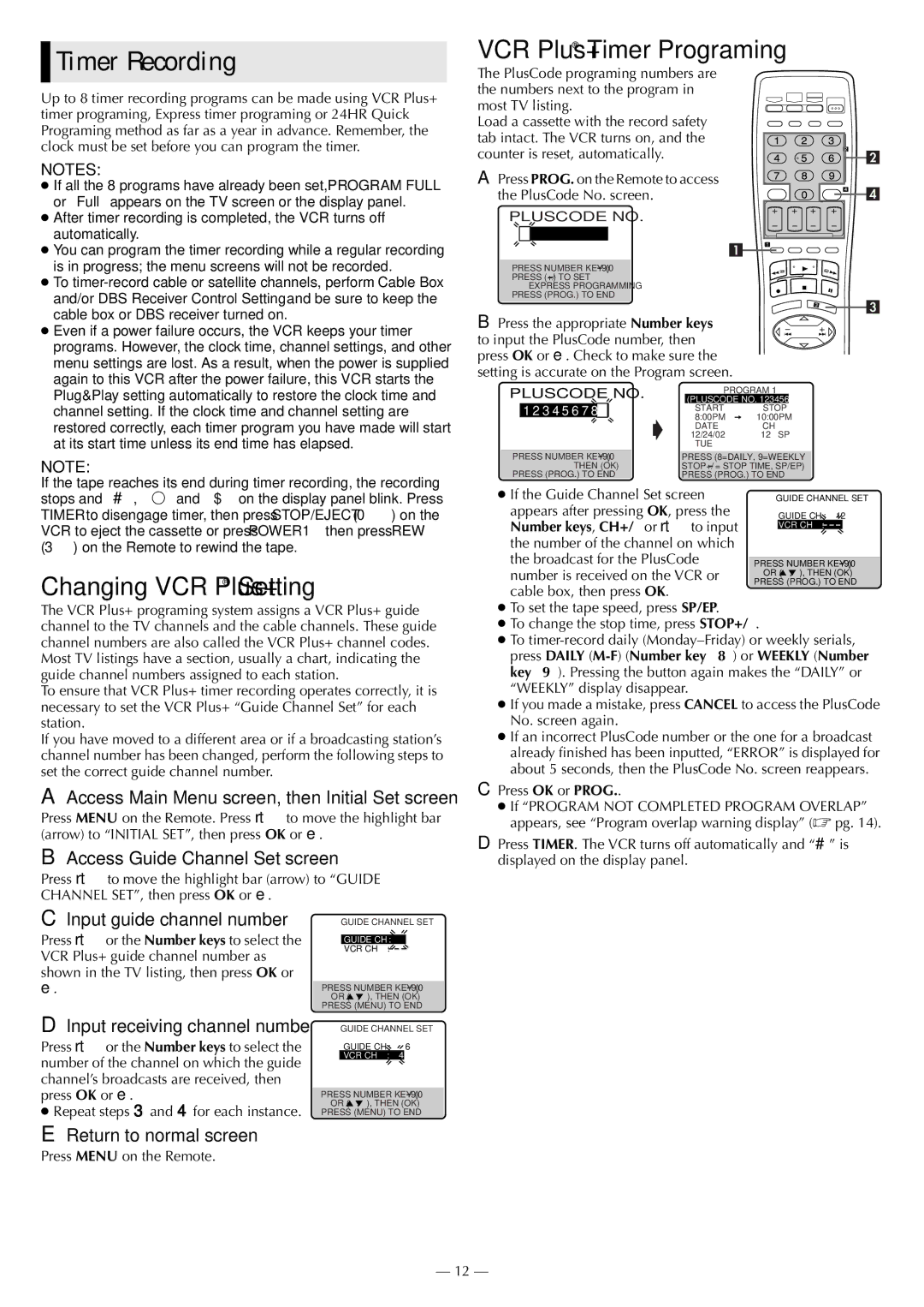 JVC HR-S3901, HR-3911U specifications Timer Recording, Changing VCR Plus+ Setting, VCR Plus+ Timer Programing 