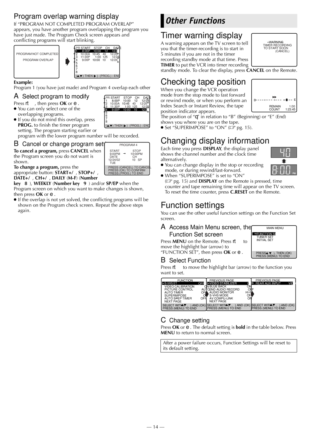 JVC HR-S3901, HR-3911U Other Functions, Timer warning display, Checking tape position, Changing display information 