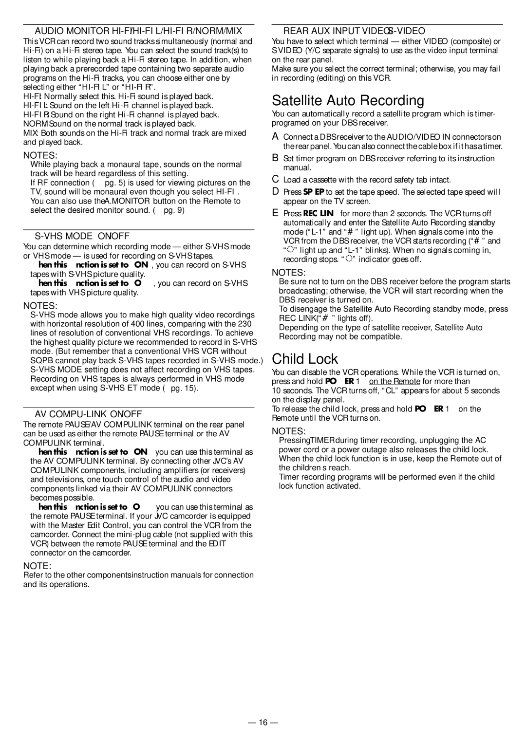 JVC HR-S3901, HR-3911U specifications Satellite Auto Recording, Child Lock 