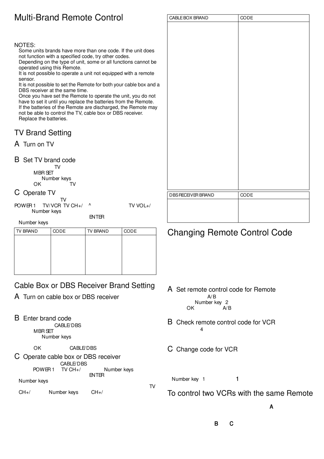 JVC HR-3911U, HR-S3901 specifications Multi-Brand Remote Control, Changing Remote Control Code, TV Brand Setting 