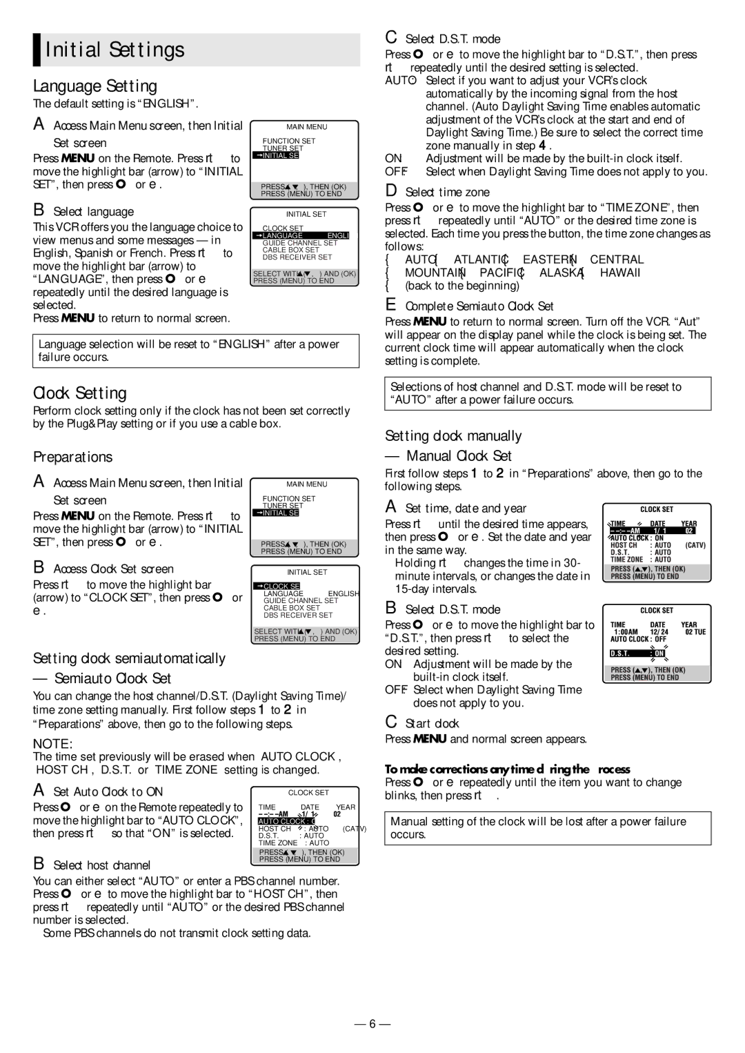 JVC HR-S3901, HR-3911U specifications Initial Settings, Language Setting, Clock Setting 