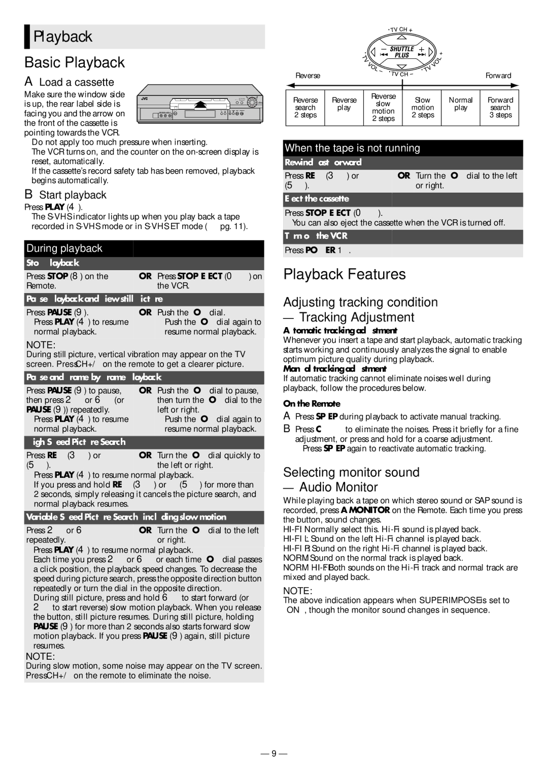 JVC HR-3911U, HR-S3901 Basic Playback, Playback Features, Adjusting tracking condition Tracking Adjustment 