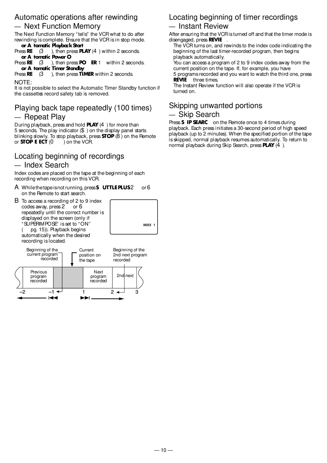 JVC HR-S3901/3911U Automatic operations after rewinding Next Function Memory, Skipping unwanted portions Skip Search 