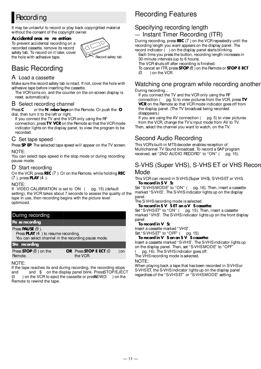 JVC HR-S3901/3911U specifications Basic Recording, Recording Features 