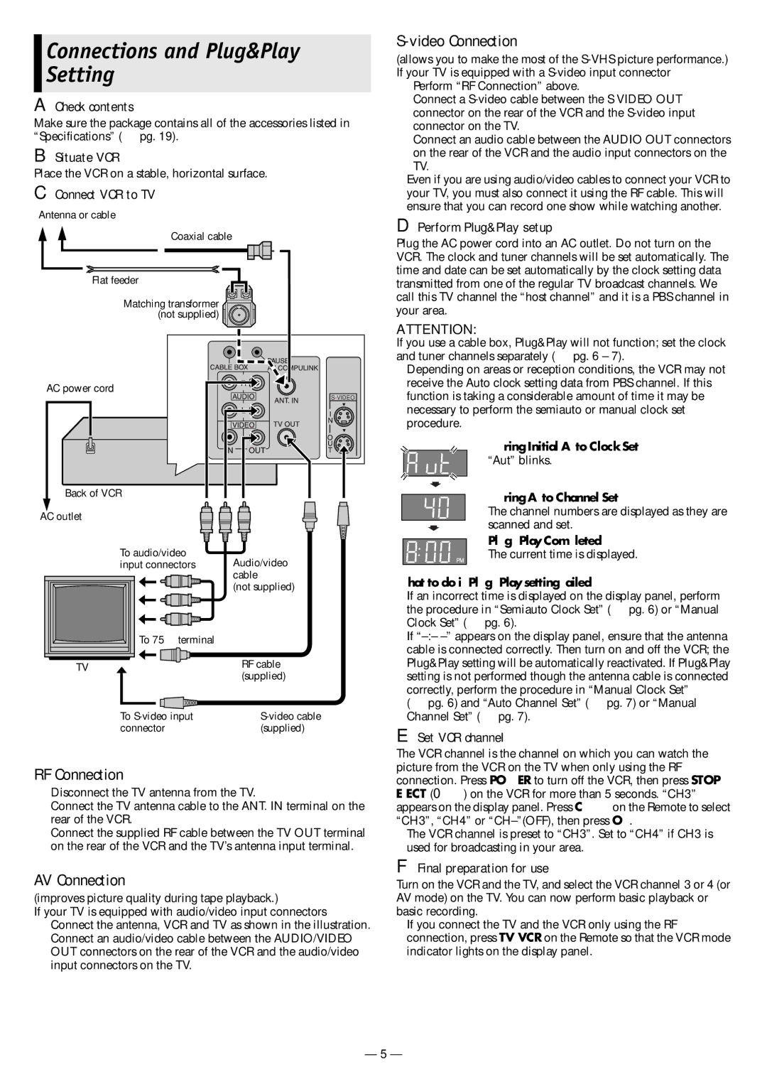 JVC HR-S3901/3911U specifications Connections and Plug&Play Setting, RF Connection, AV Connection, Video Connection 