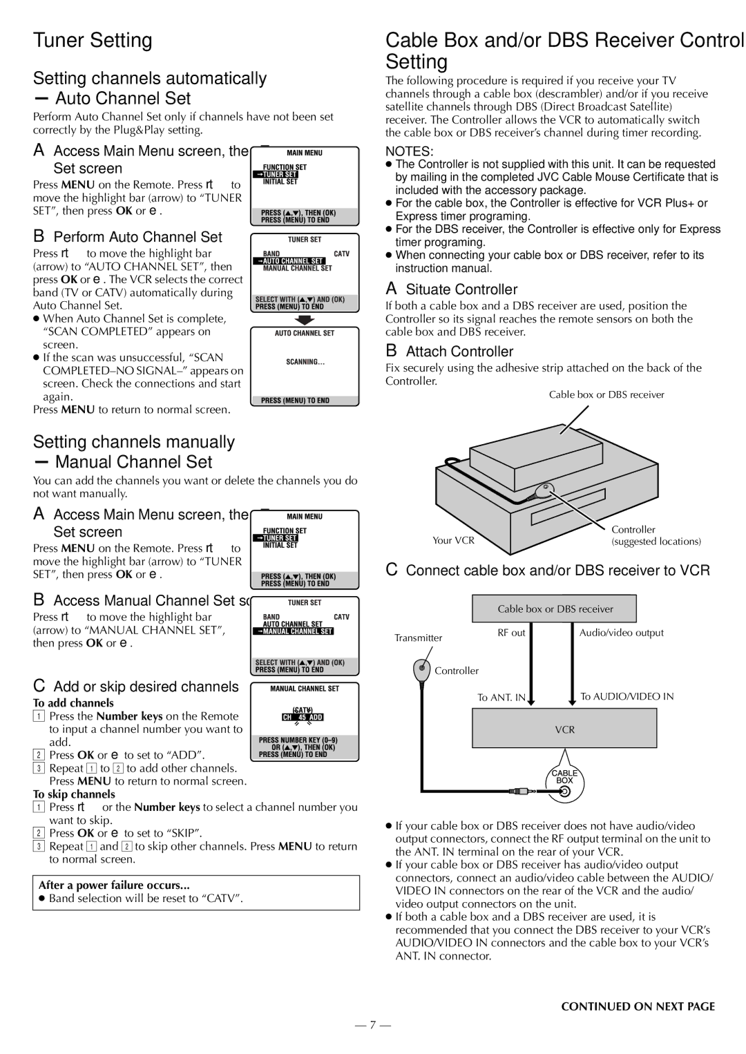 JVC HR-S3901/3911U specifications Tuner Setting, Cable Box and/or DBS Receiver Control Setting 