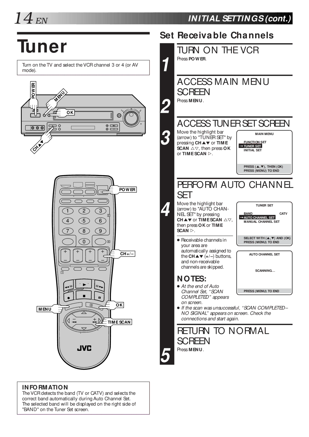 JVC HR-S4500U manual Tuner, Access Main Menu Screen, Set Receivable Channels 