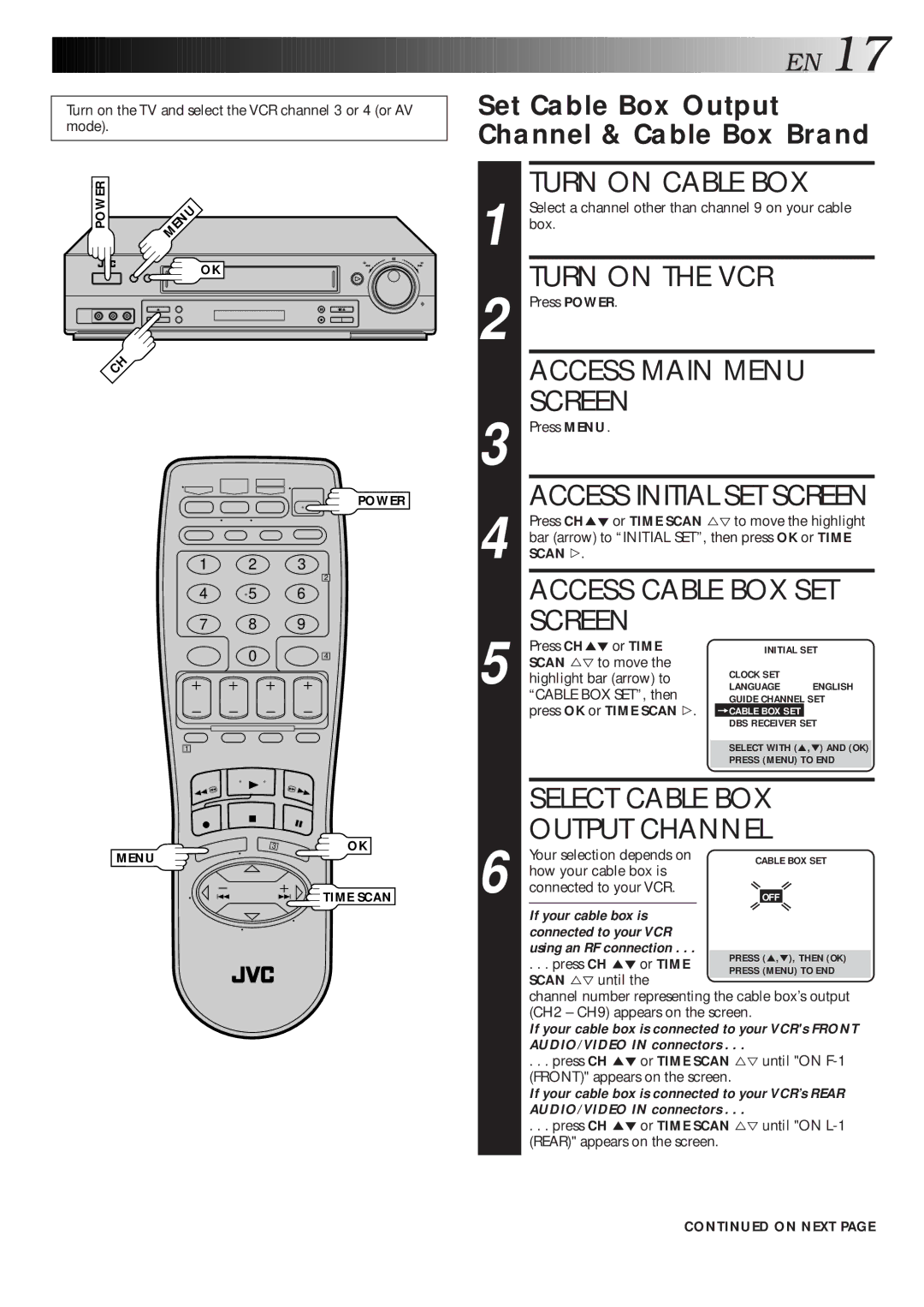 JVC HR-S4500U manual Turn on Cable BOX, Access Cable BOX SET, Select Cable BOX, Output Channel 