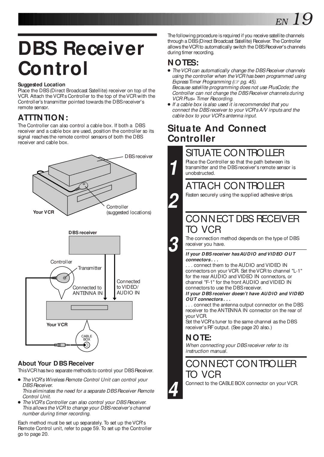 JVC HR-S4500U manual DBS Receiver Control, Connect DBS Receiver To VCR, DBS receiver 