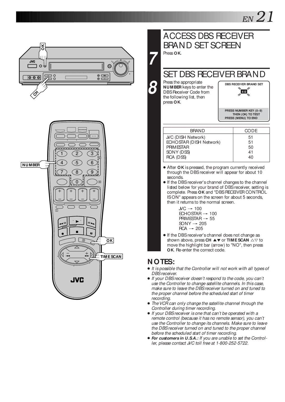 JVC HR-S4500U manual Access DBS Receiver, DBS Receiver Code from Following list, then Press OK, Jvc 