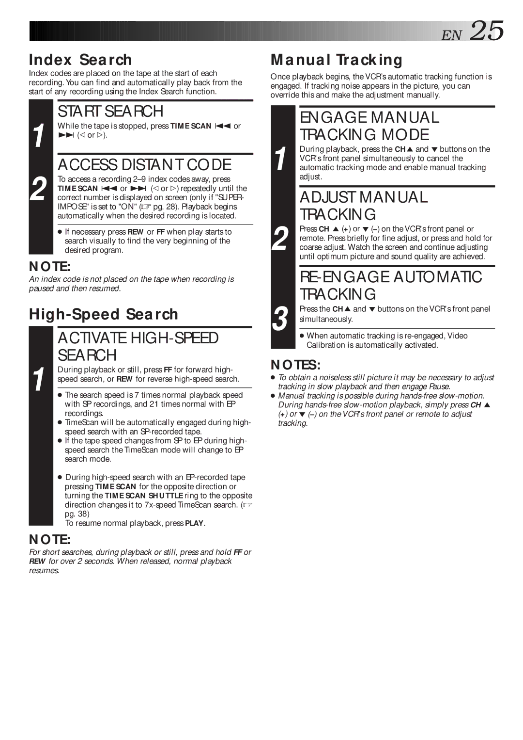 JVC HR-S4500U manual Start Search, Access Distant Code, Activate HIGH-SPEED Search, Engage Manual Tracking Mode 