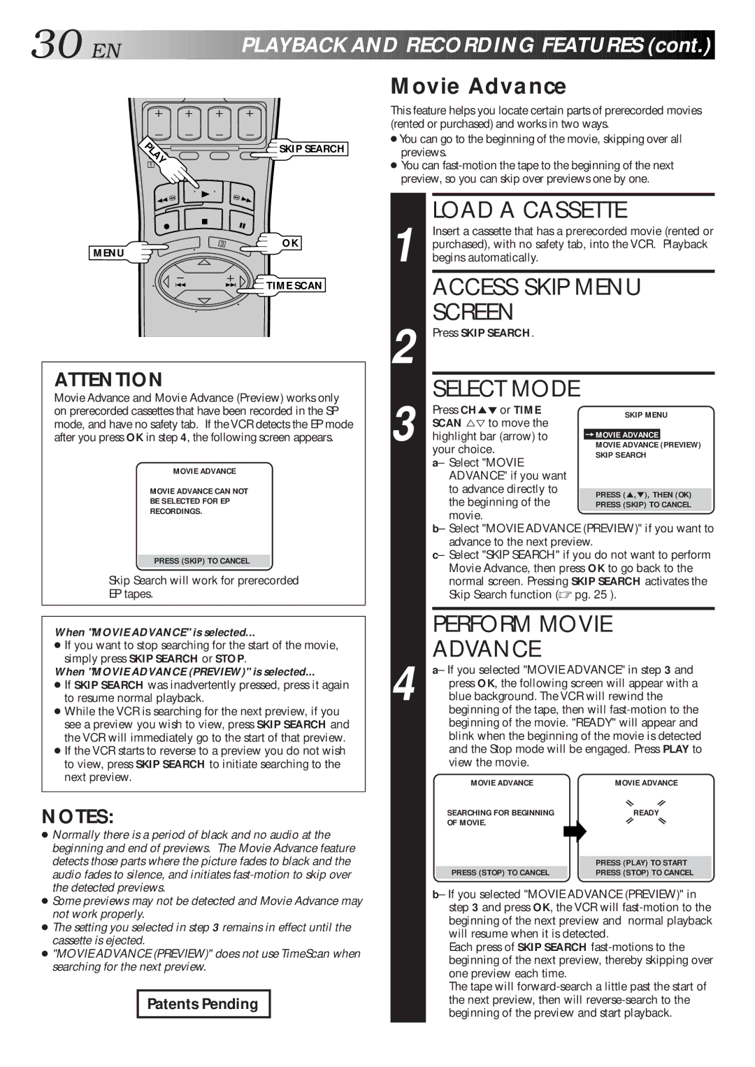 JVC HR-S4500U manual Access Skip Menu, Perform Movie, Movie Advance, Press Skip Search 