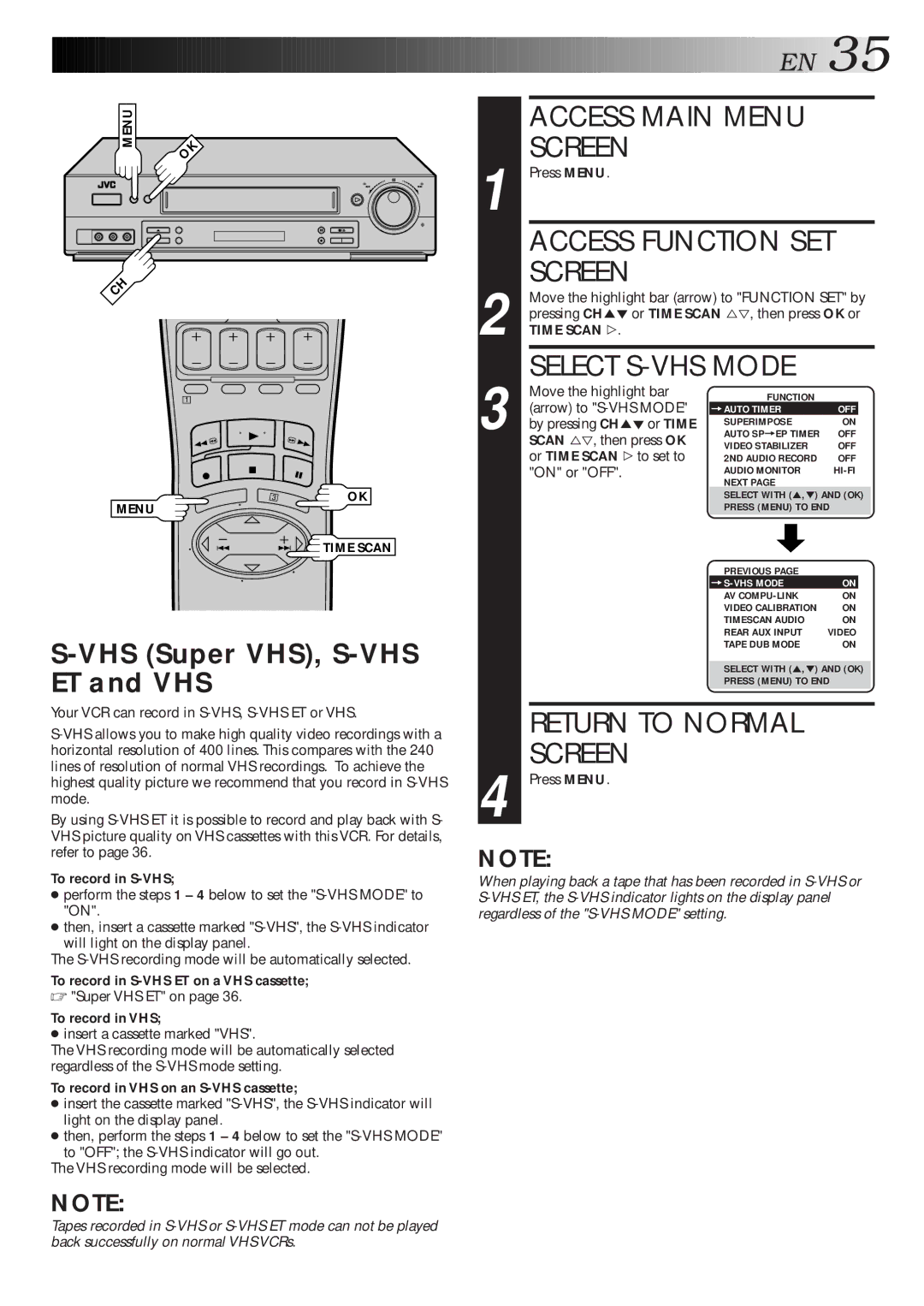 JVC HR-S4500U manual VHS Super VHS, S-VHS ET and VHS 