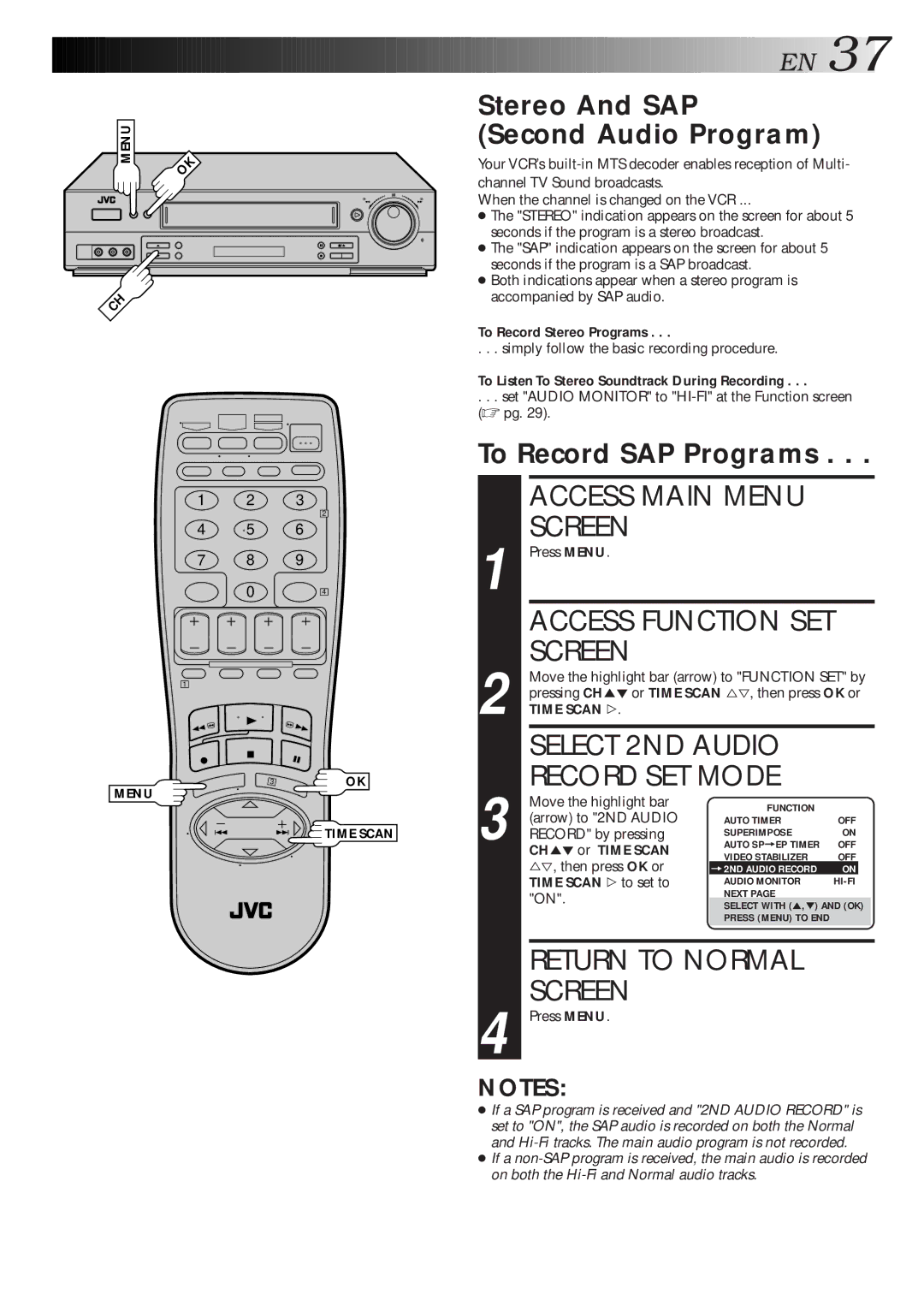 JVC HR-S4500U manual Access Function SET Screen, Select 2ND Audio Record SET Mode, Stereo And SAP Second Audio Program 