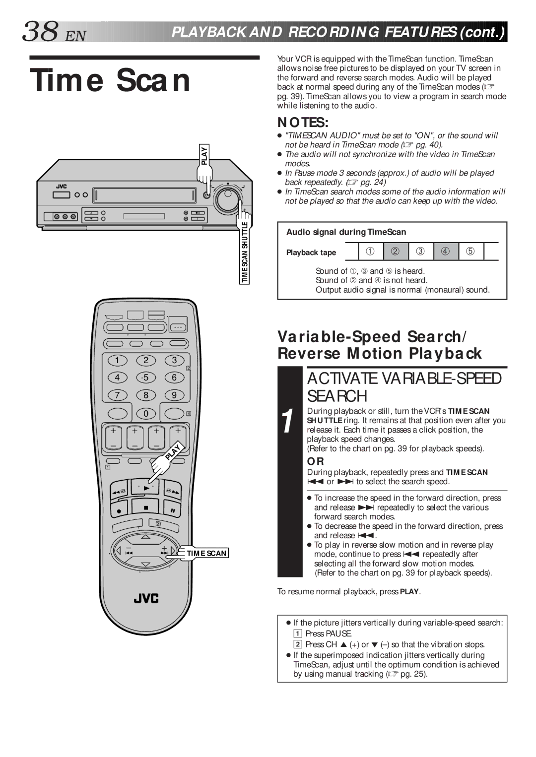 JVC HR-S4500U manual Time Scan, Variable-Speed Search/ Reverse Motion Playback, Audio signal during TimeScan, Playback tape 