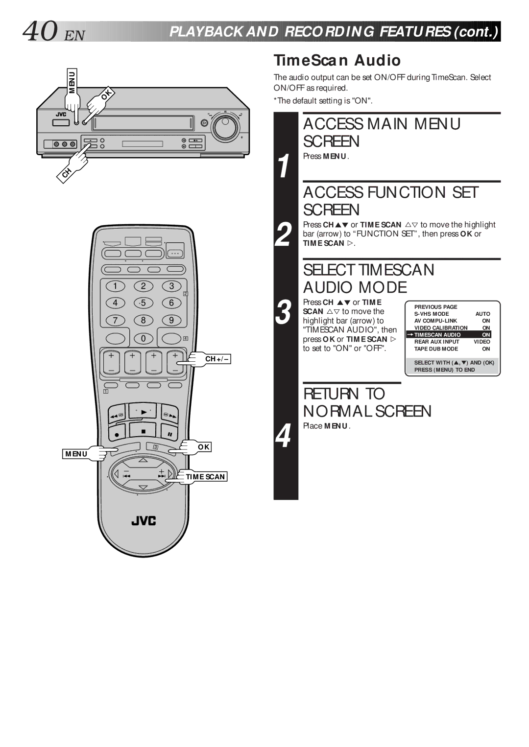 JVC HR-S4500U manual TimeScan Audio, Place Menu 