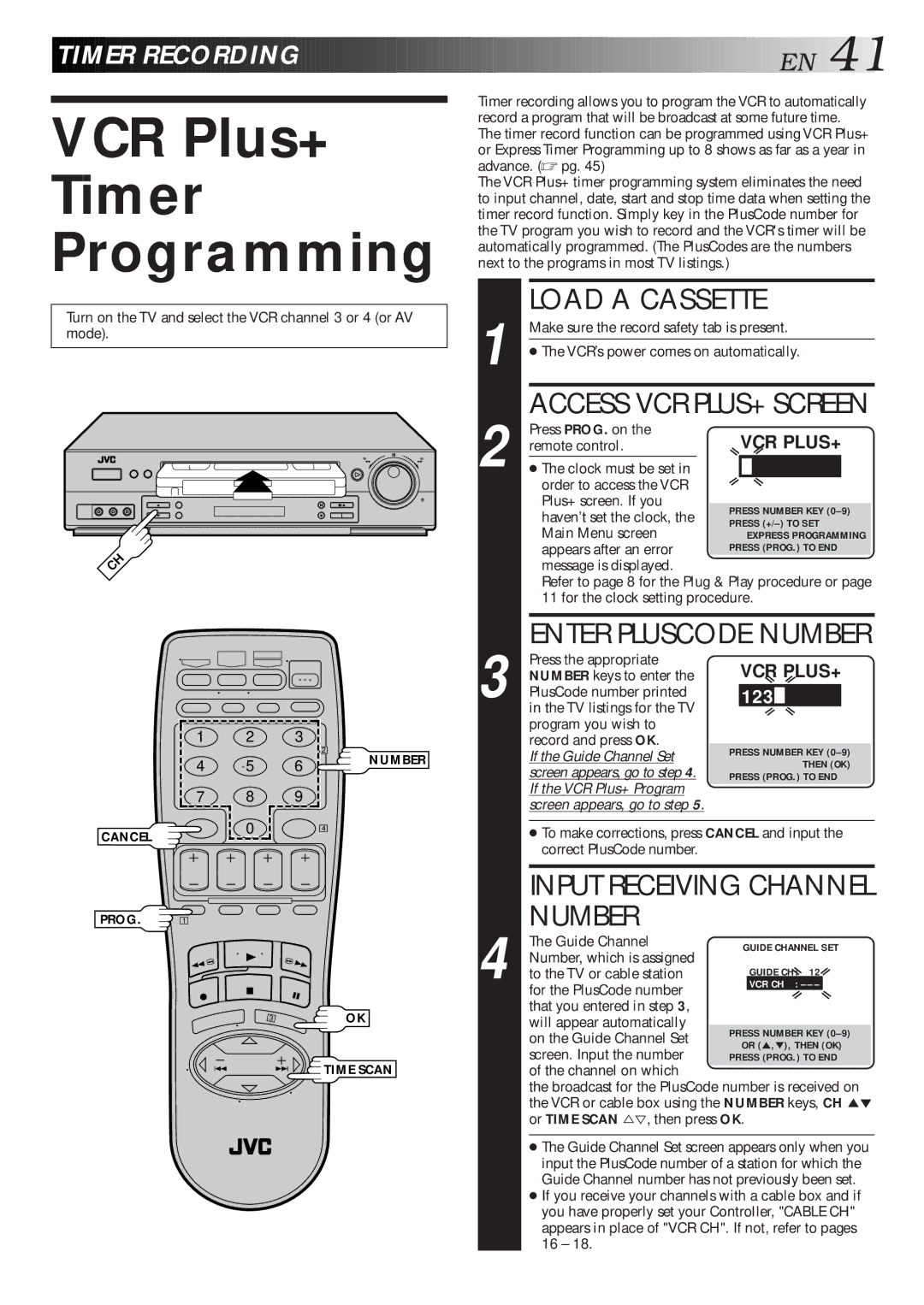 JVC HR-S4500U manual VCR Plus+ Timer Programming, Number, Timer Recording 