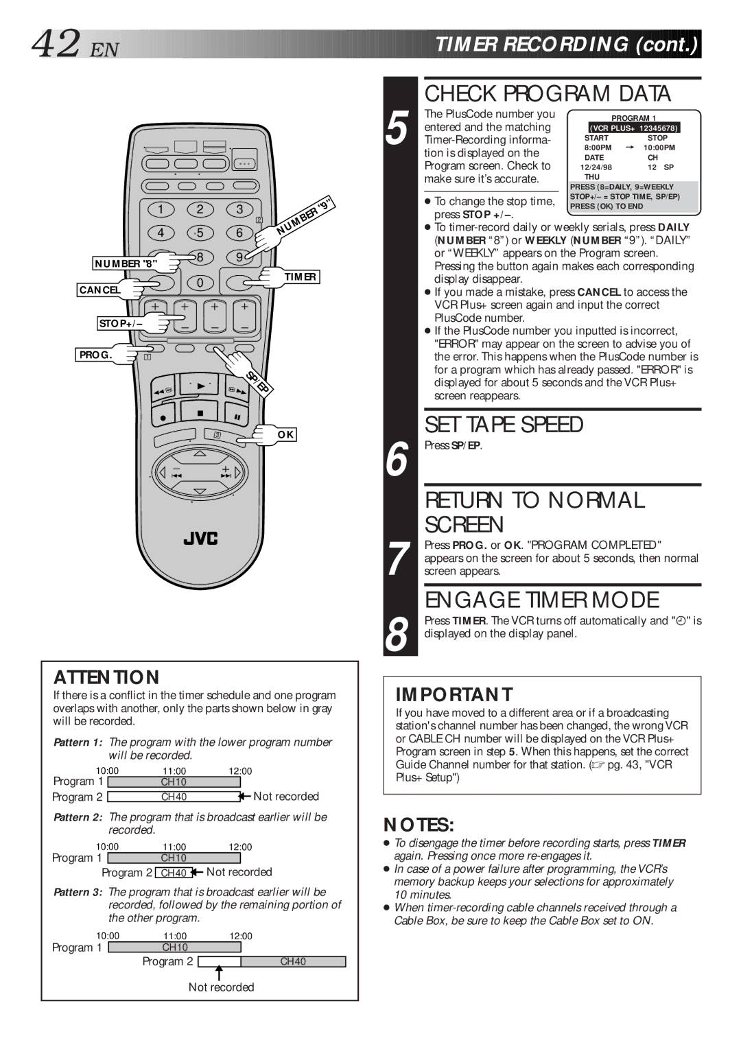 JVC HR-S4500U manual Check Program Data, Engage Timer Mode, EN Timer Recording 