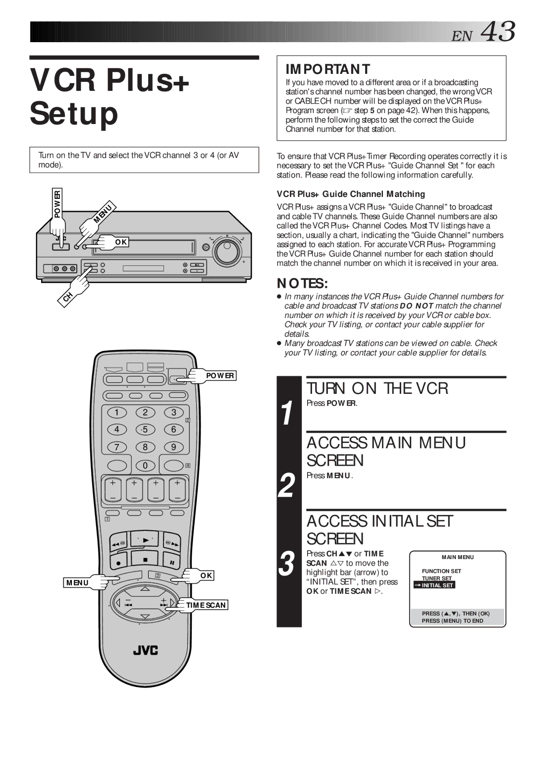 JVC HR-S4500U manual VCR Plus+ Setup, VCR Plus+ Guide Channel Matching, Initial SET, then press, OK or Time Scan # 