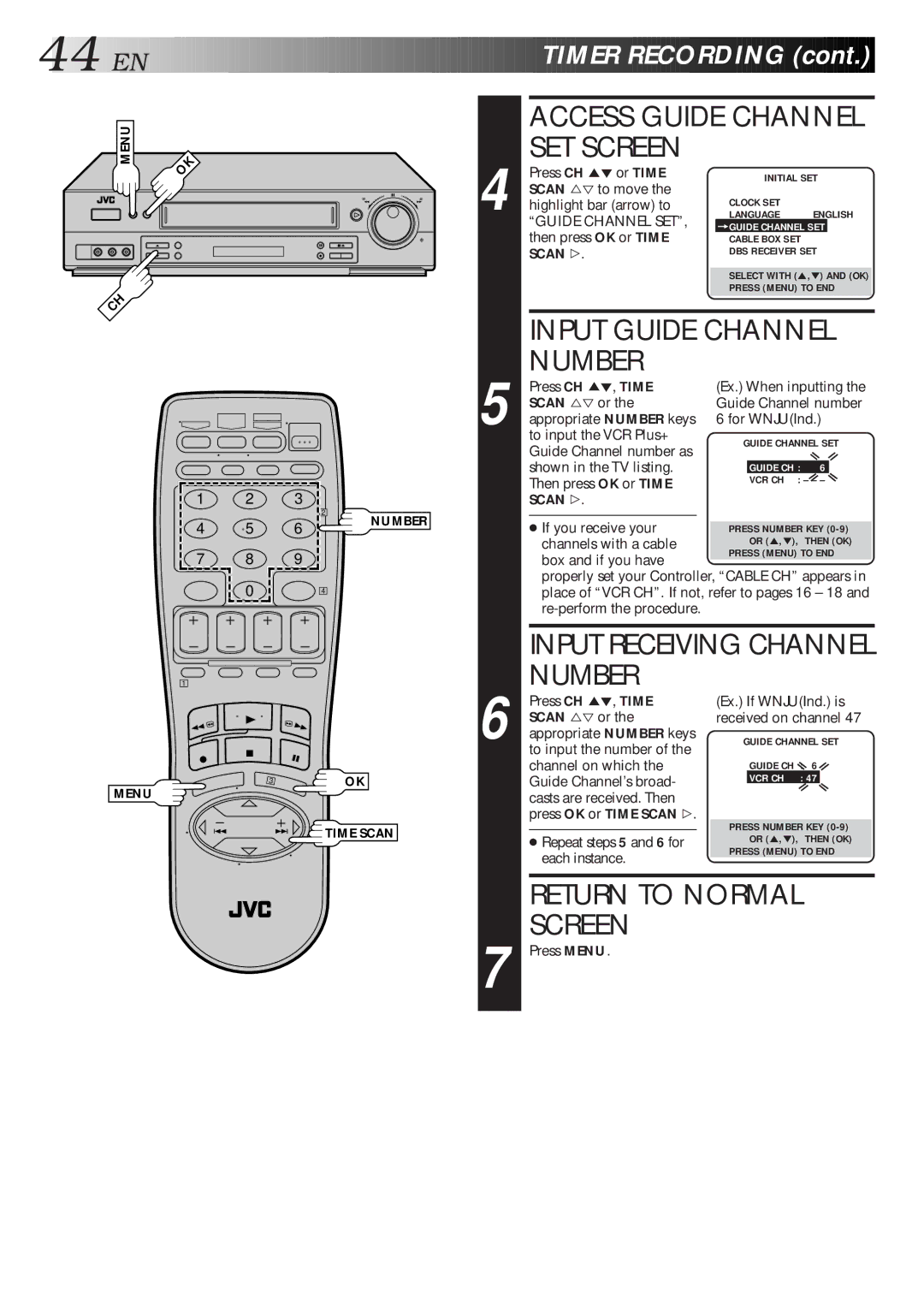 JVC HR-S4500U manual Access Guide Channel SET Screen, Input Guide Channel Number, Input Receiving Channel Number 