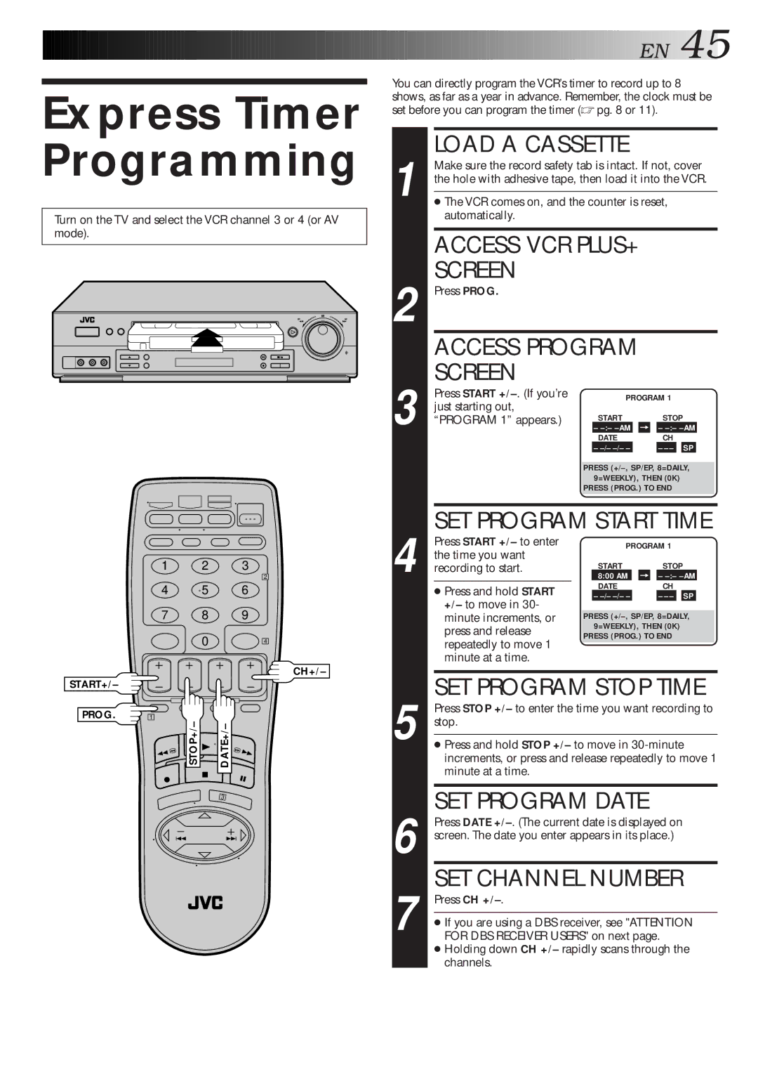 JVC HR-S4500U manual Express Timer Programming, SET Program Date, SET Channel Number 