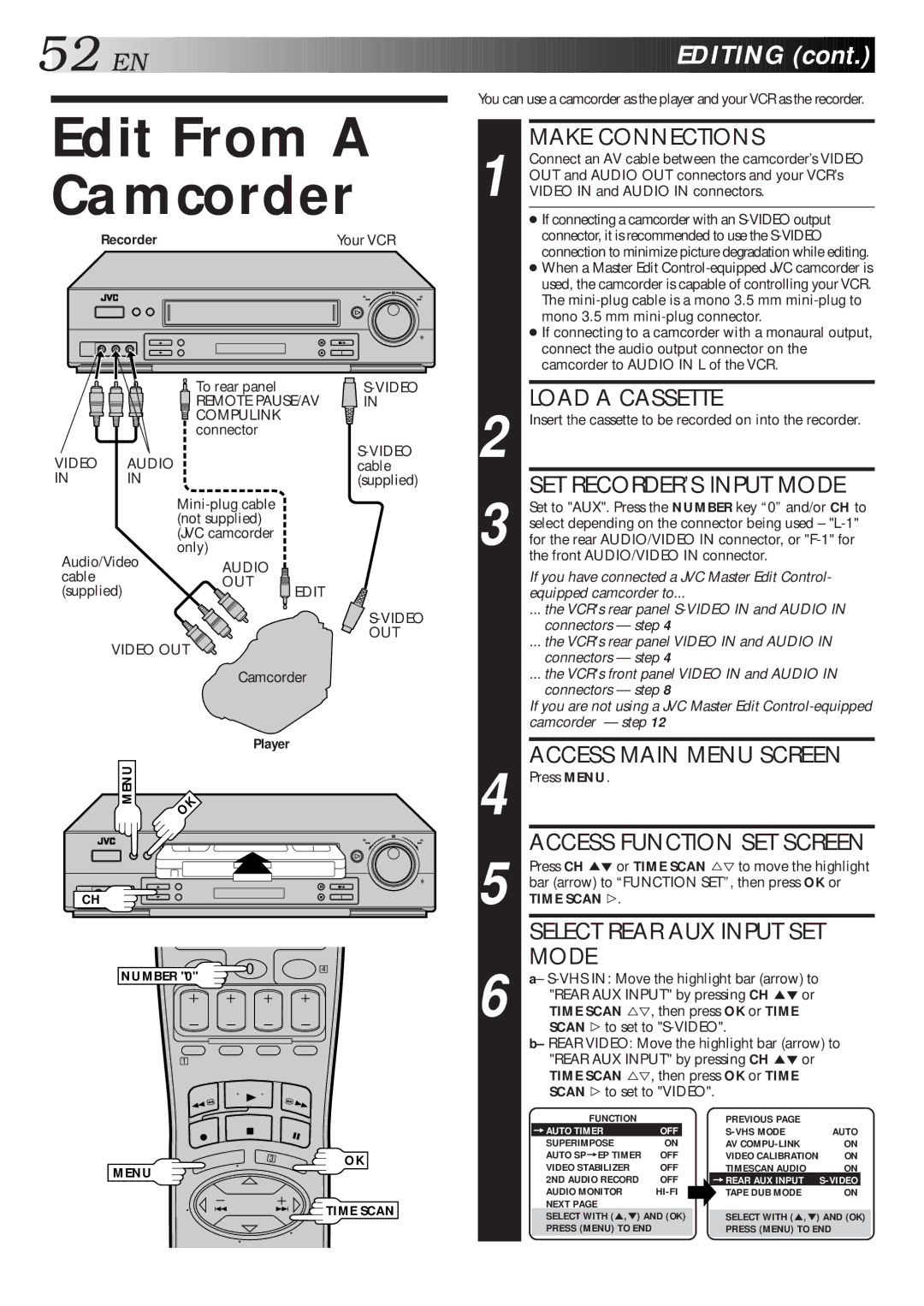 JVC HR-S4500U manual Edit From a Camcorder, Editing 