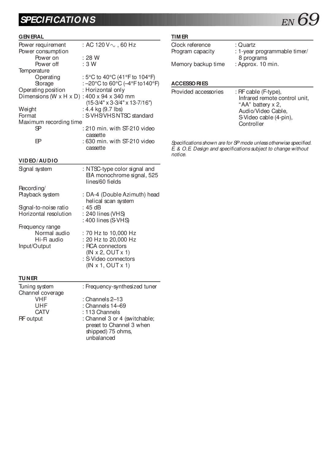 JVC HR-S4500U manual Speci Fications, 20C to 60C -4F to140F, Video connectors in x 1, OUT x 