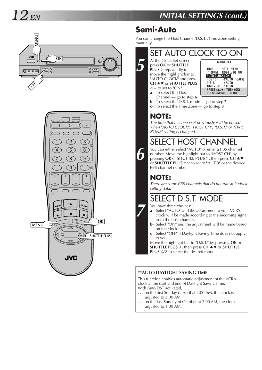 JVC HR-S4600U instruction manual SET Auto Clock to on, Select Host Channel, Select D.S.T. Mode, Semi-Auto 