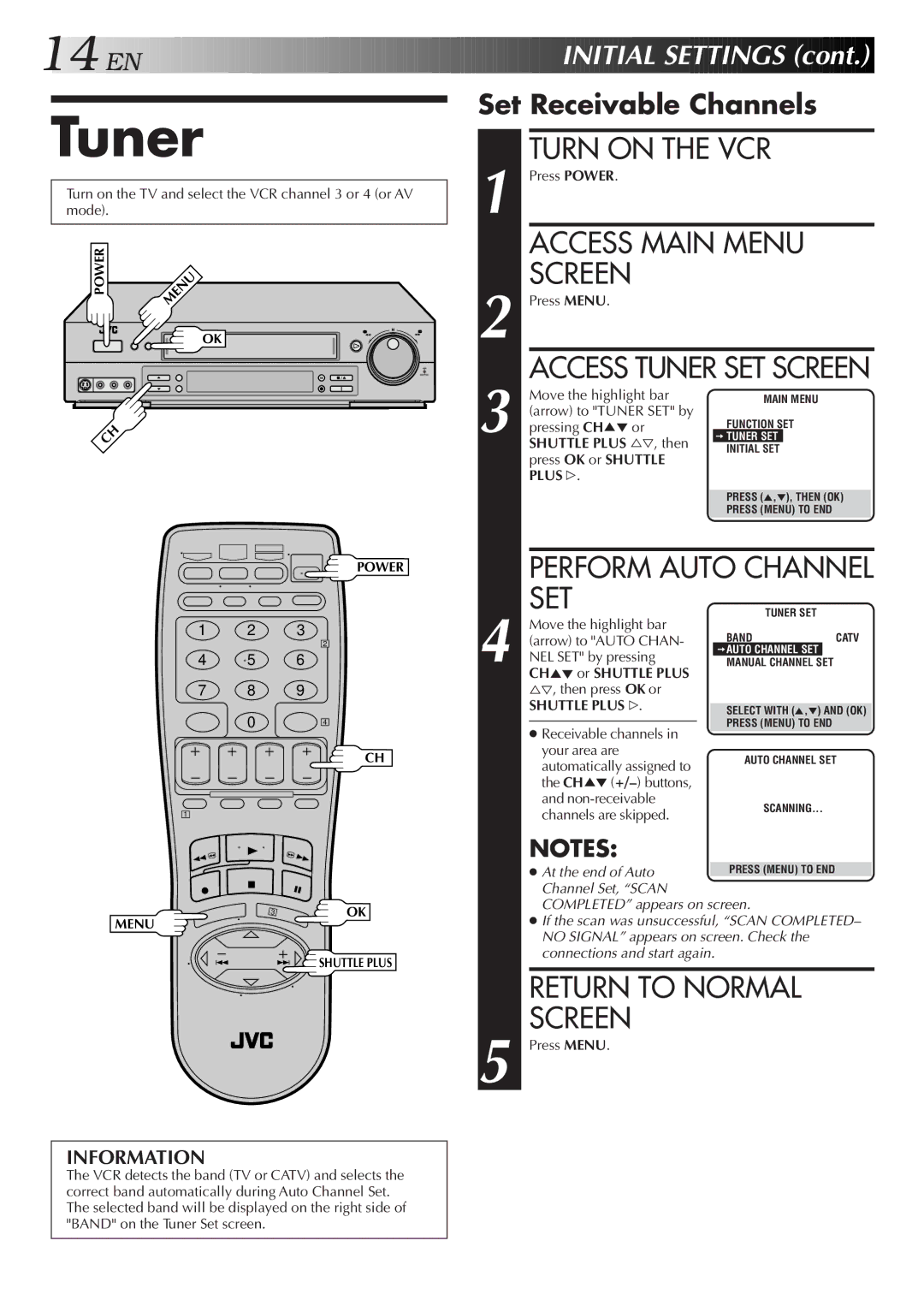 JVC HR-S4600U instruction manual Tuner, Access Main Menu Screen, Set Receivable Channels, CH5 or Shuttle Plus 