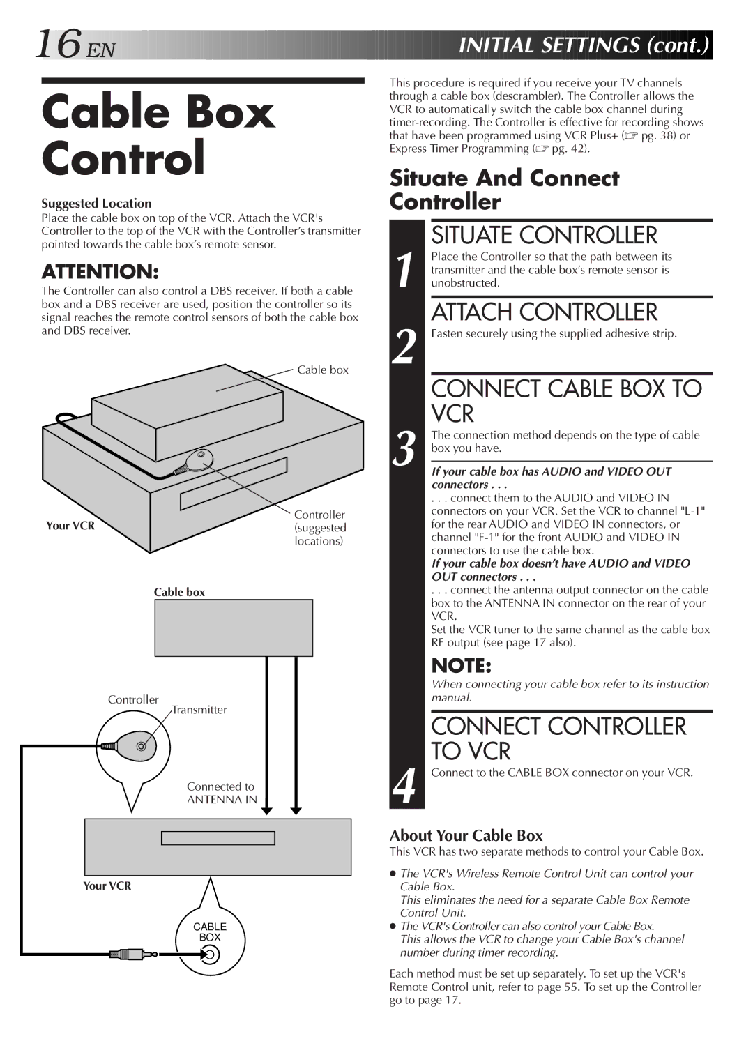 JVC HR-S4600U instruction manual Cable Box Control, Situate Controller, Attach Controller, Connect Cable BOX to VCR 