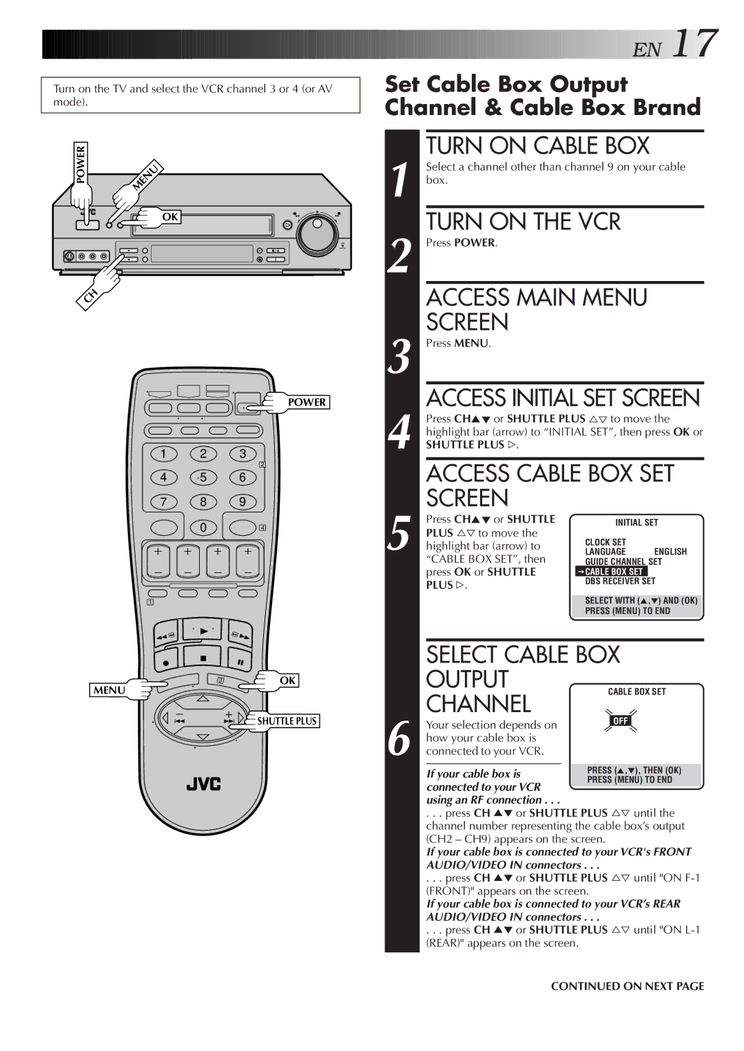 JVC HR-S4600U Turn on Cable BOX, Access Cable BOX SET, Select Cable BOX Output Channel, Access Initial SET Screen 