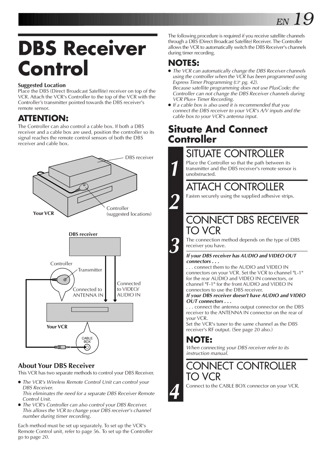 JVC HR-S4600U instruction manual DBS Receiver Control, Connect DBS Receiver To VCR, DBS receiver 