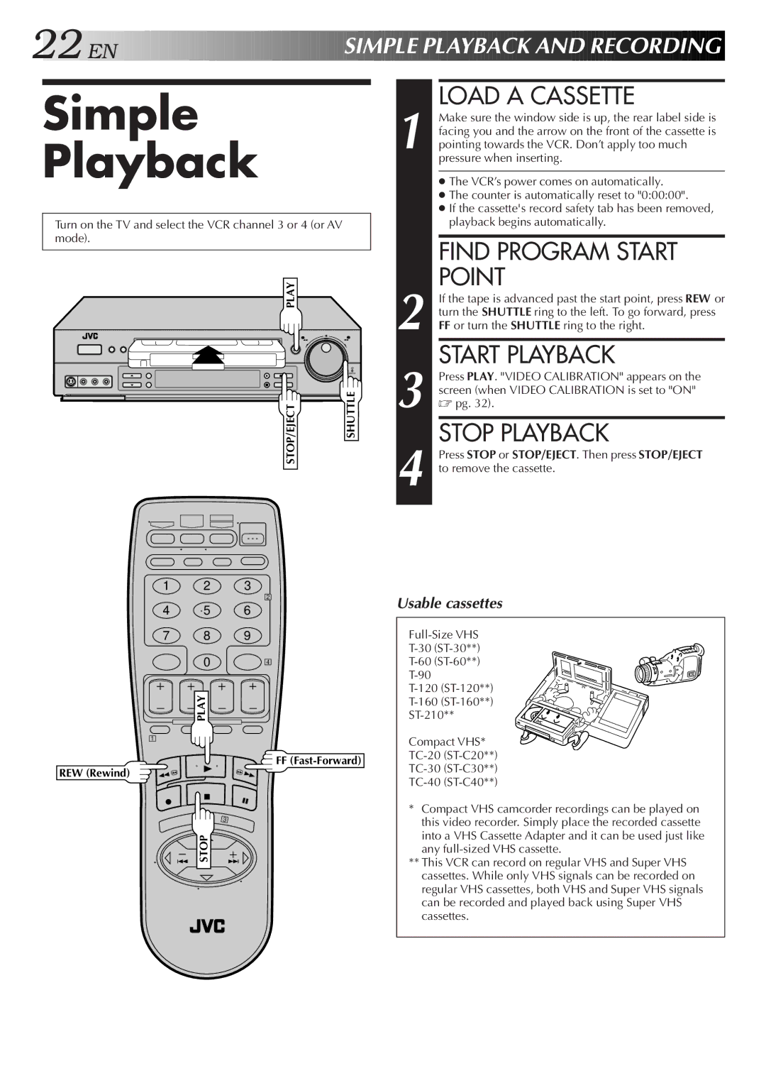 JVC HR-S4600U instruction manual Simple Playback, Load a Cassette, Find Program Start Point, Start Playback, Stop Playback 