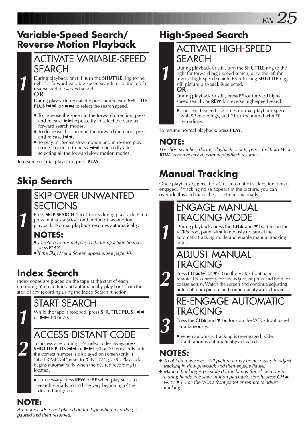 JVC HR-S4600U instruction manual Start Search, Access Distant Code, Activate HIGH-SPEED Search, Engage Manual Tracking Mode 