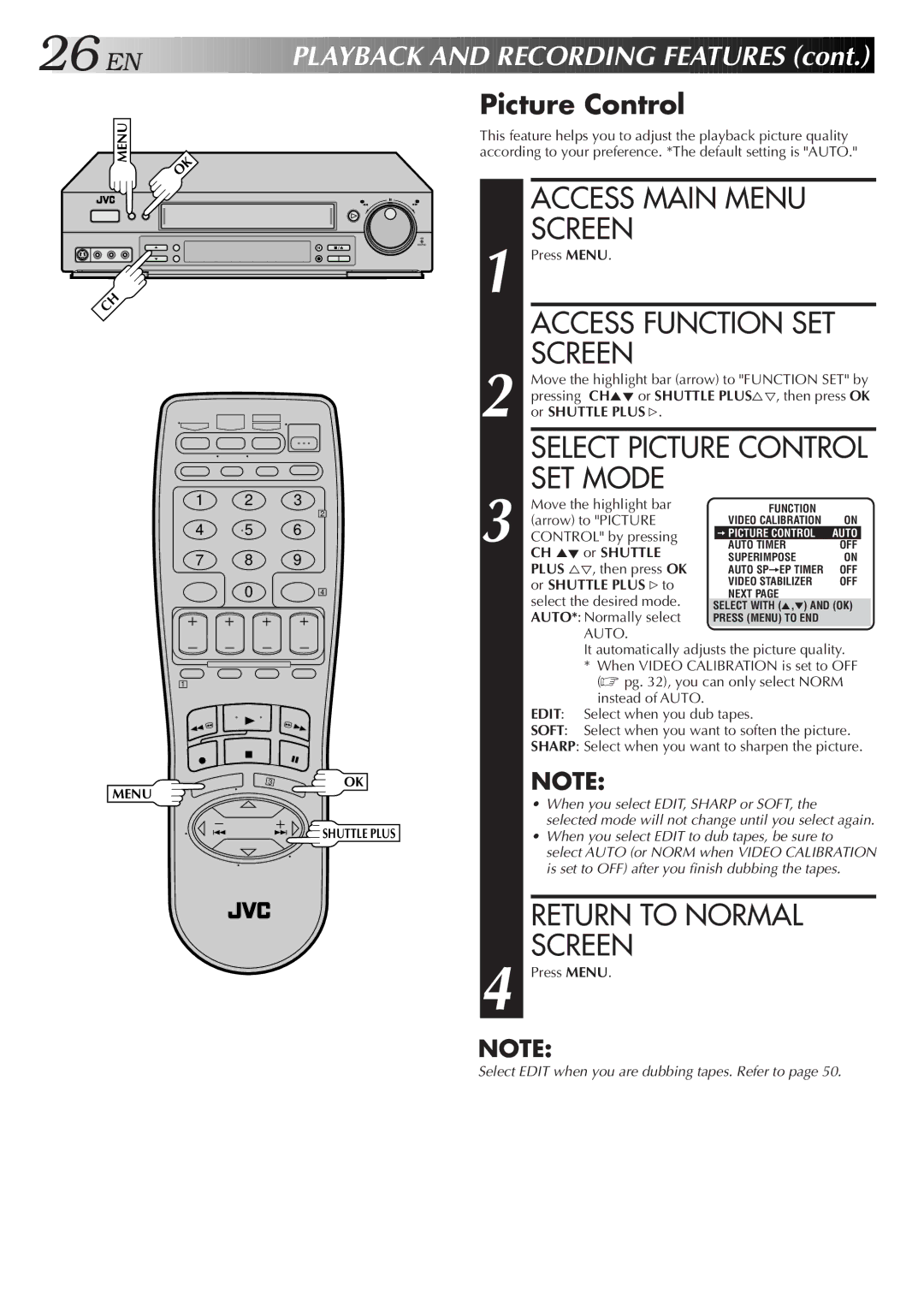 JVC HR-S4600U instruction manual Access Function SET, SET Mode, Layback and Recording Features, Select Picture Control 