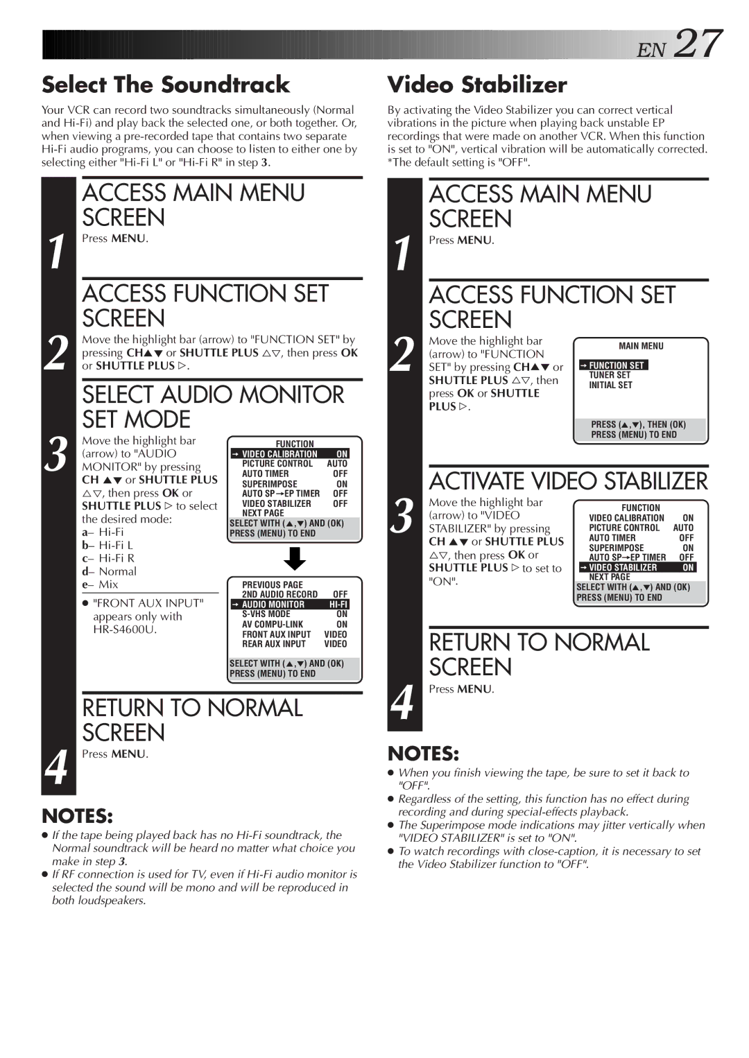 JVC HR-S4600U instruction manual Select The Soundtrack, Video Stabilizer, Front AUX Input 