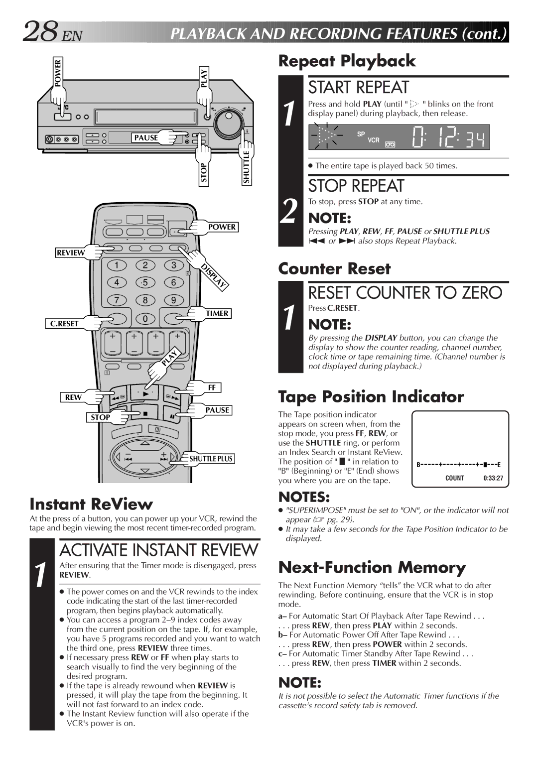 JVC HR-S4600U instruction manual Start Repeat, Stop Repeat 