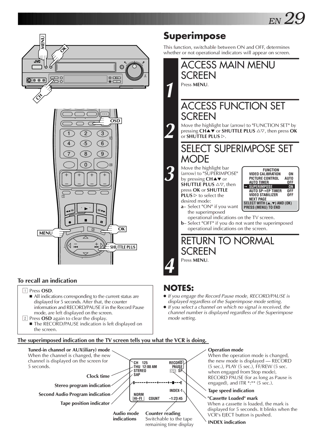 JVC HR-S4600U instruction manual Mode, Select Superimpose SET 