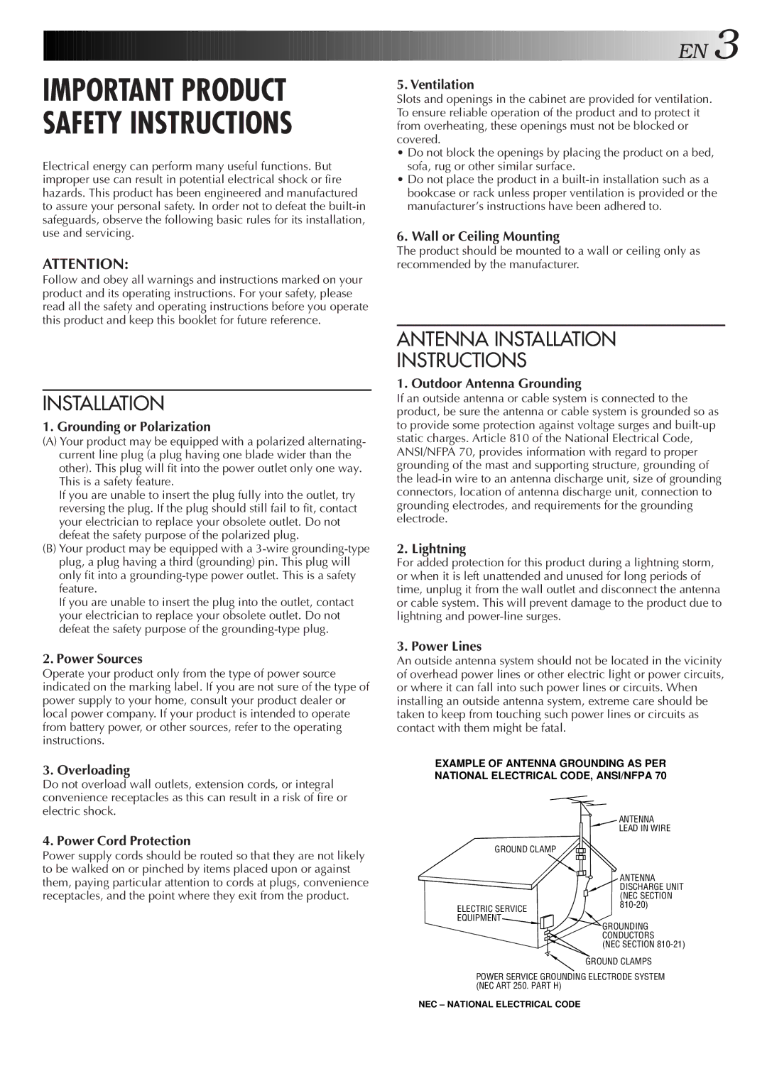 JVC HR-S4600U Grounding or Polarization, Power Sources, Overloading, Power Cord Protection, Ventilation, Lightning 