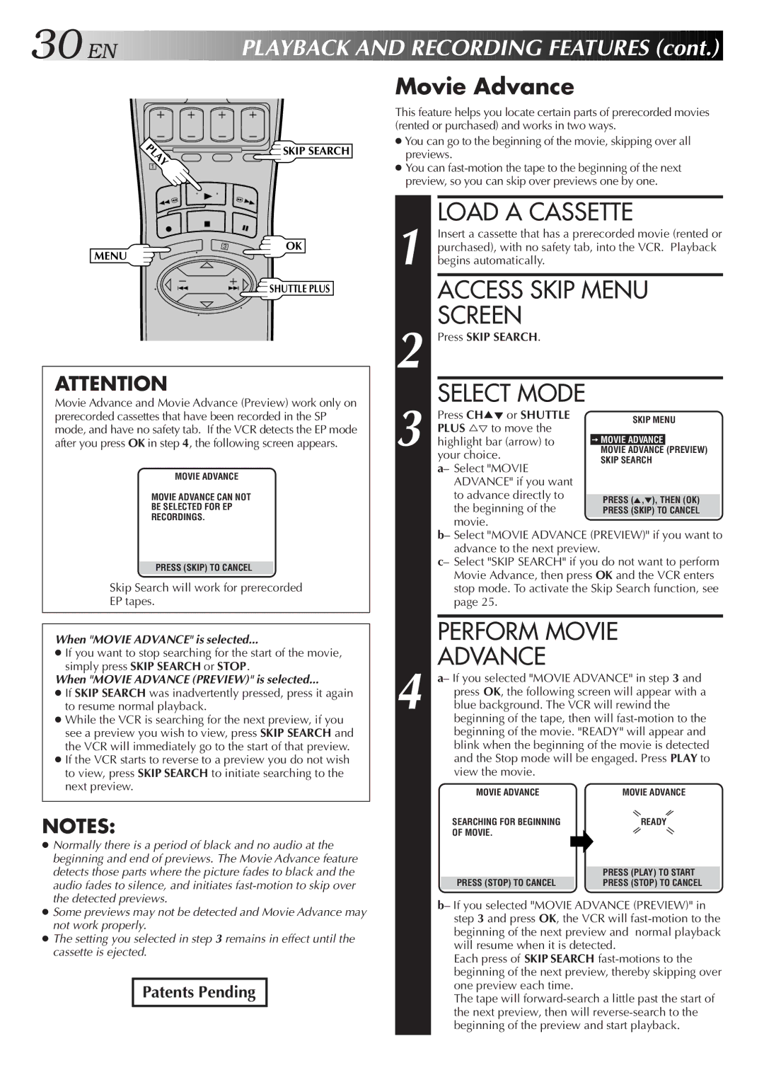 JVC HR-S4600U instruction manual Access Skip Menu, Perform Movie, Movie Advance, Select Mode 