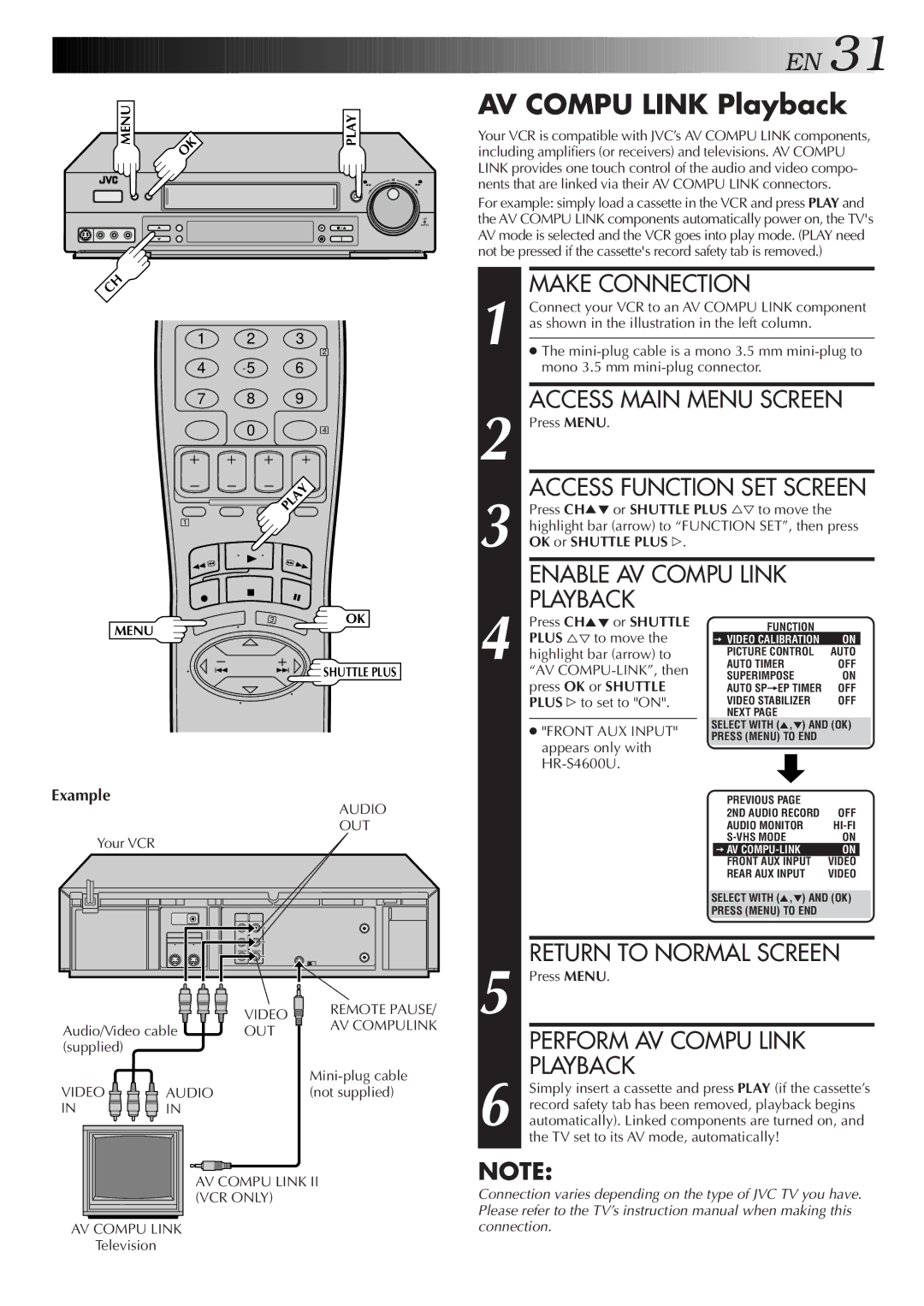 JVC HR-S4600U instruction manual AV Compu Link Playback, Example 