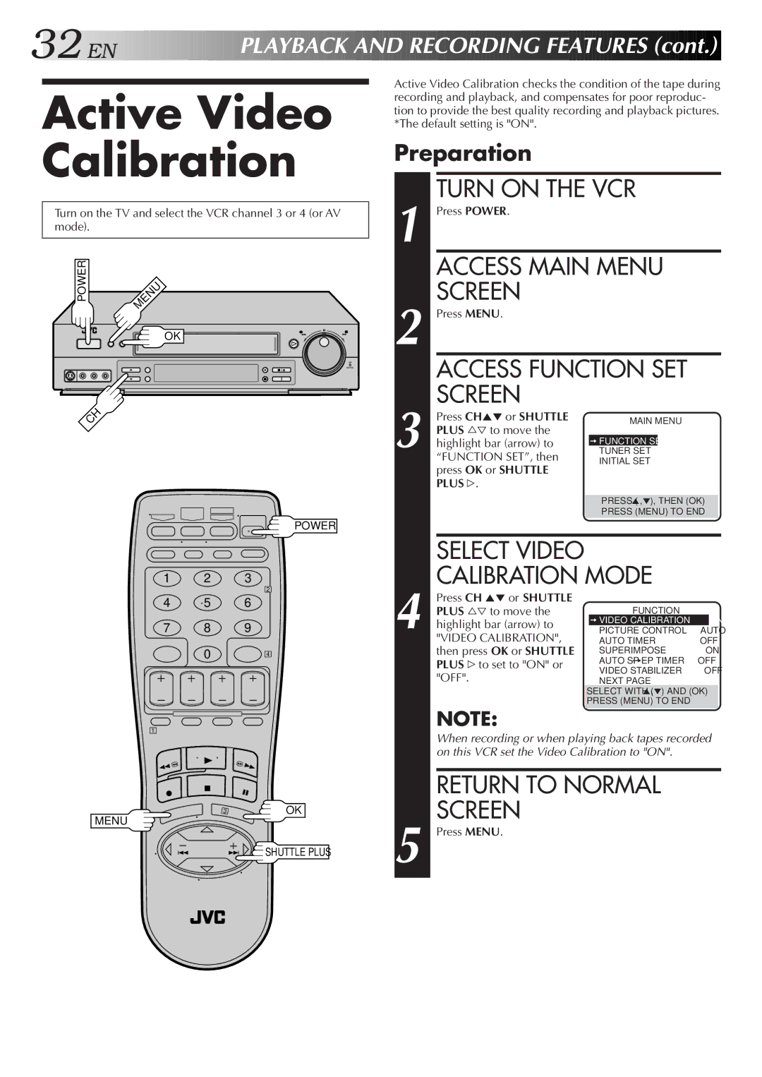 JVC HR-S4600U instruction manual Active Video Calibration, Playback and Recording Features 