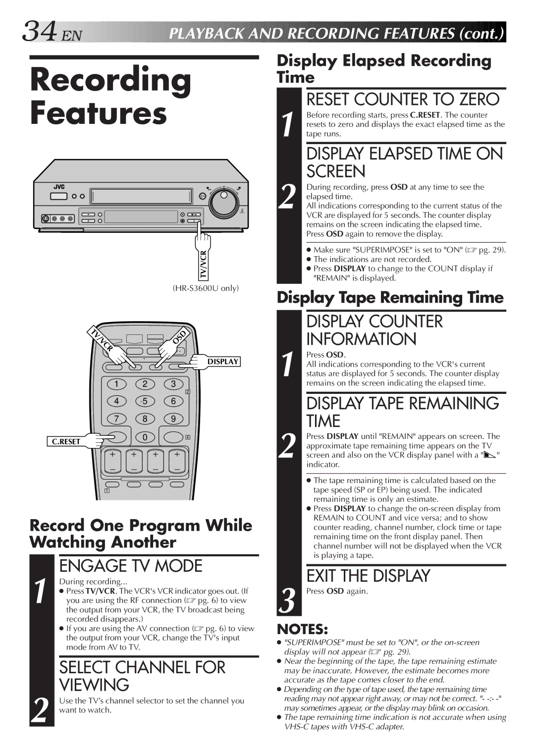 JVC HR-S4600U instruction manual Recording Features 