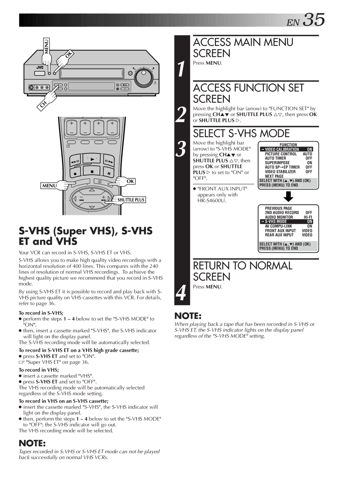 JVC HR-S4600U instruction manual VHS Super VHS, S-VHS ET and VHS 