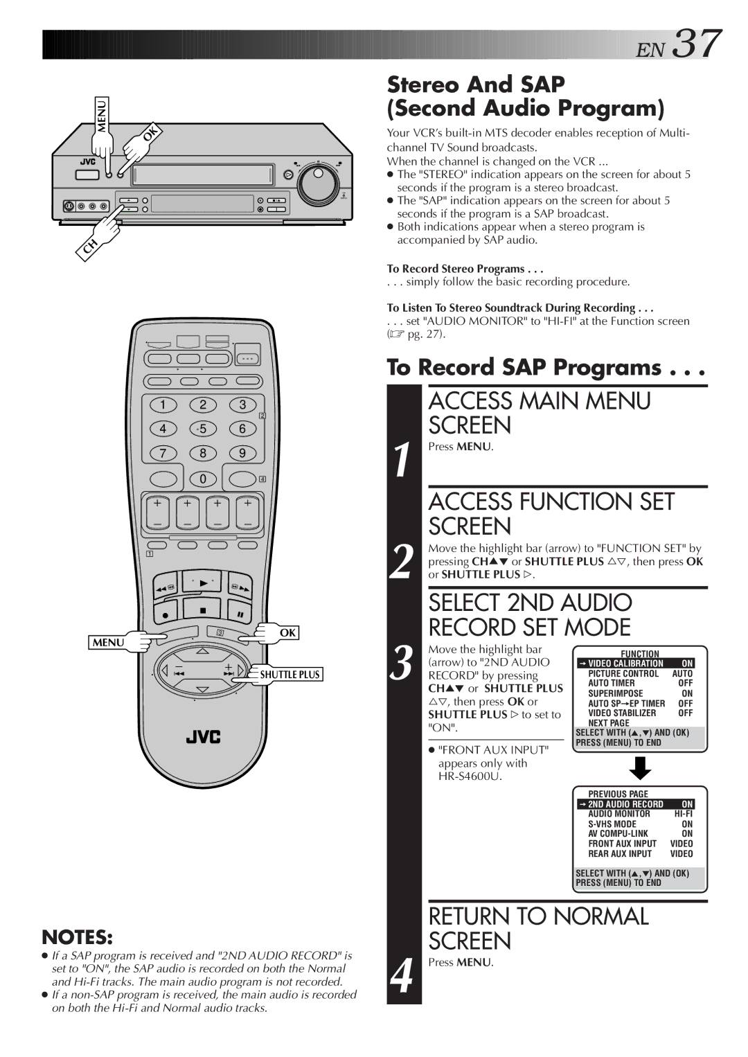 JVC HR-S4600U instruction manual Stereo And SAP, Second Audio Program, To Record SAP Programs 