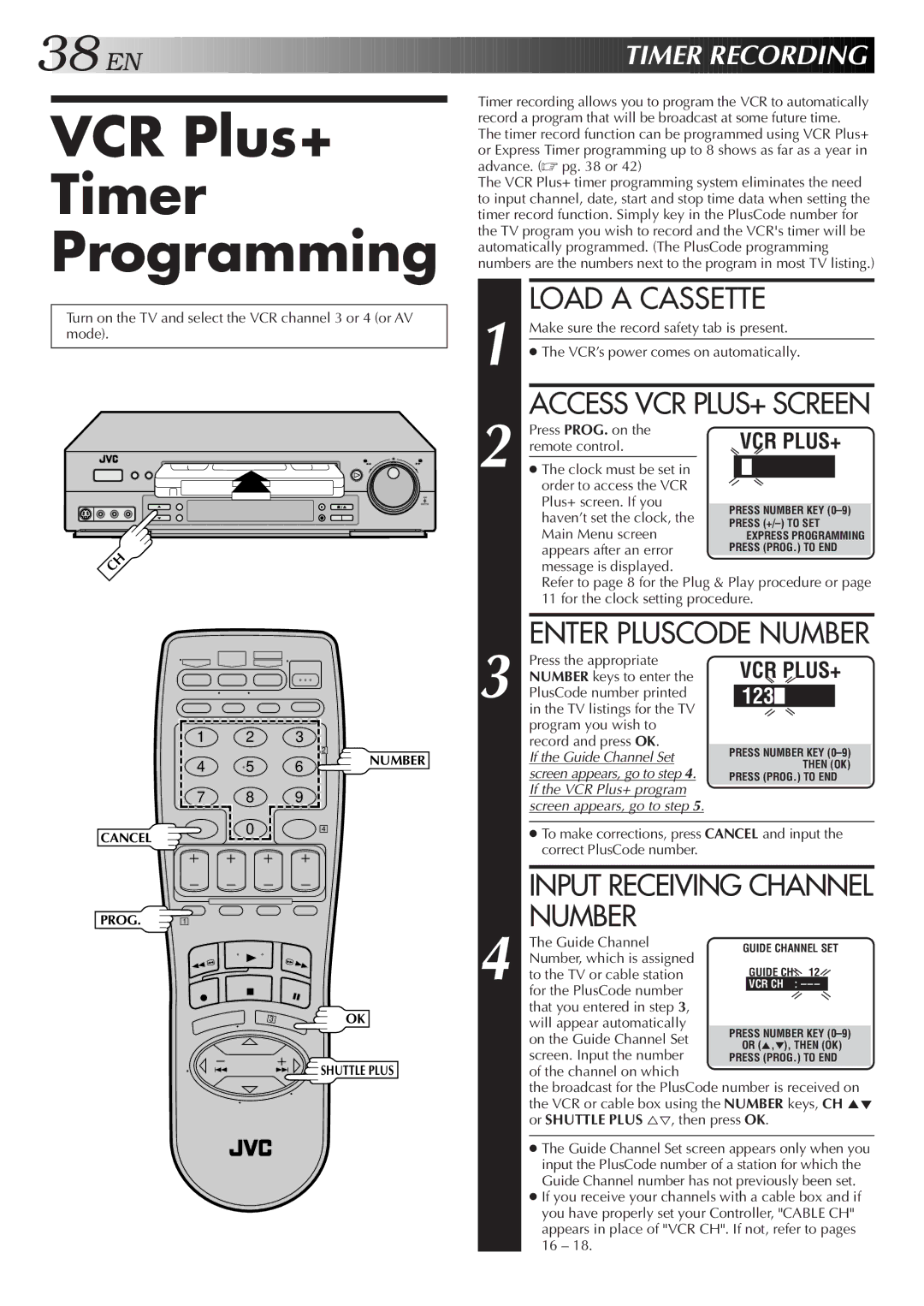 JVC HR-S4600U VCR Plus+ Timer Programming, Input Receiving Channel Number, EN Timer Recording, Enter Pluscode Number 