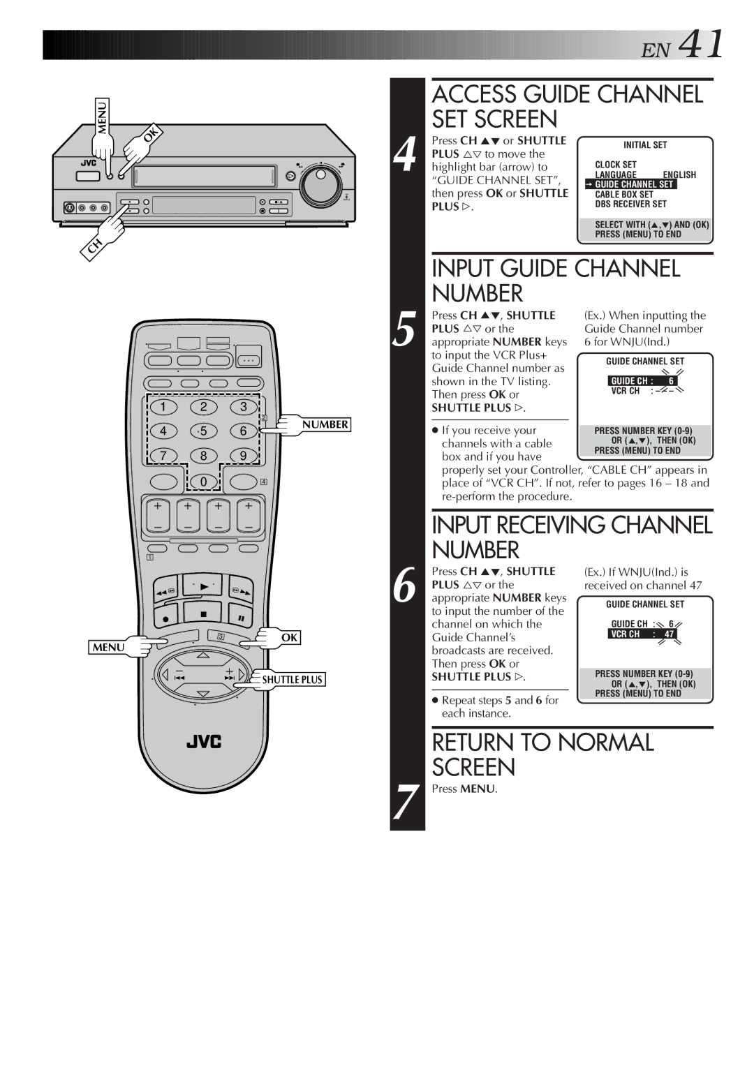 JVC HR-S4600U instruction manual Access Guide Channel SET Screen, Input Guide Channel Number, Then press OK or Shuttle 