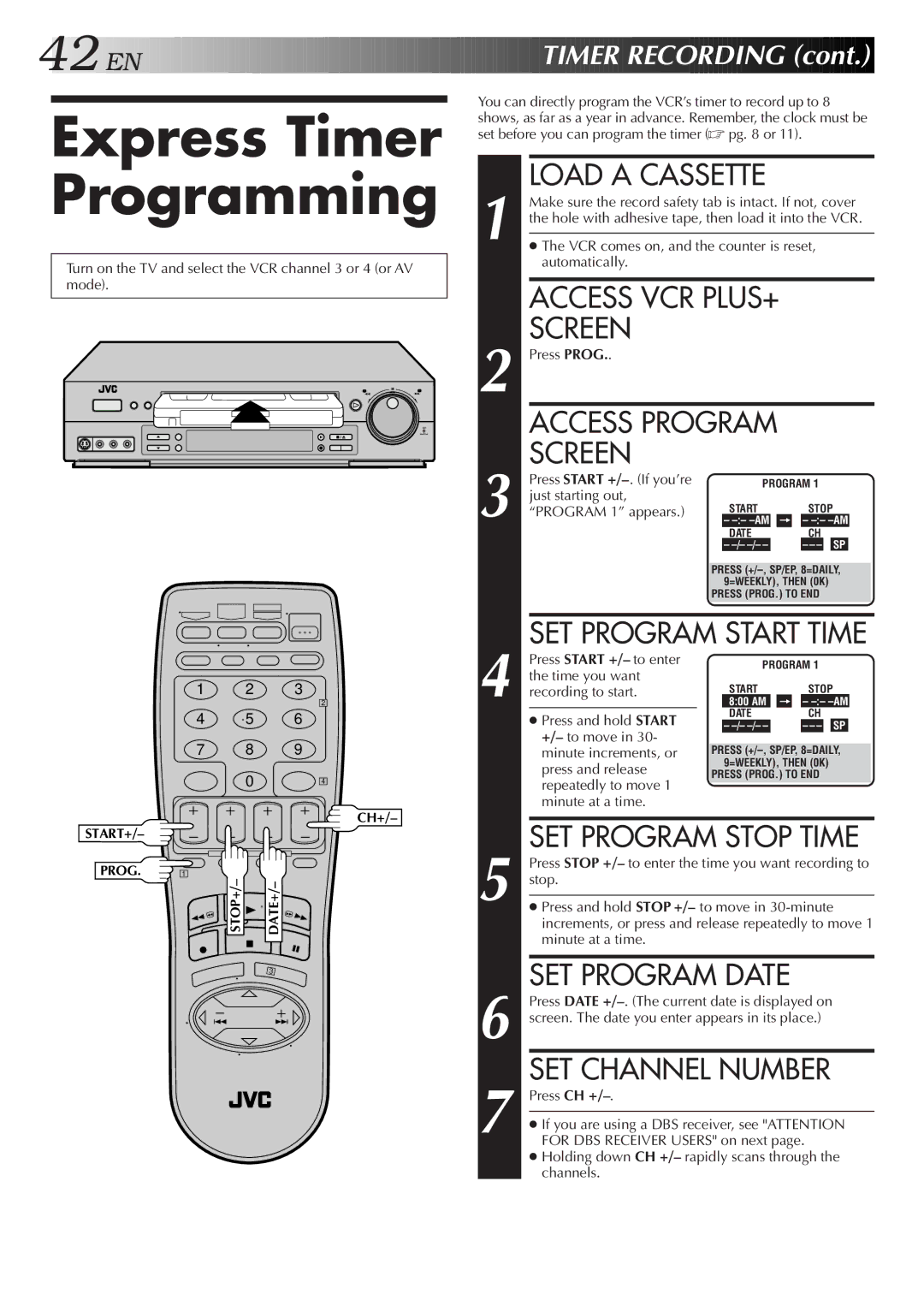 JVC HR-S4600U Express Timer Programming, SET Program Date, SET Channel Number, Access VCR PLUS+, SET Program Start Time 