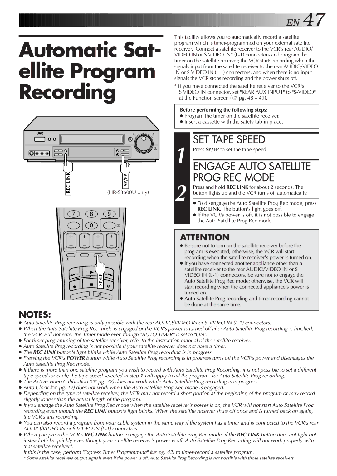 JVC HR-S4600U instruction manual Automatic Sat- ellite Program Recording, Engage Auto Satellite Prog REC Mode 