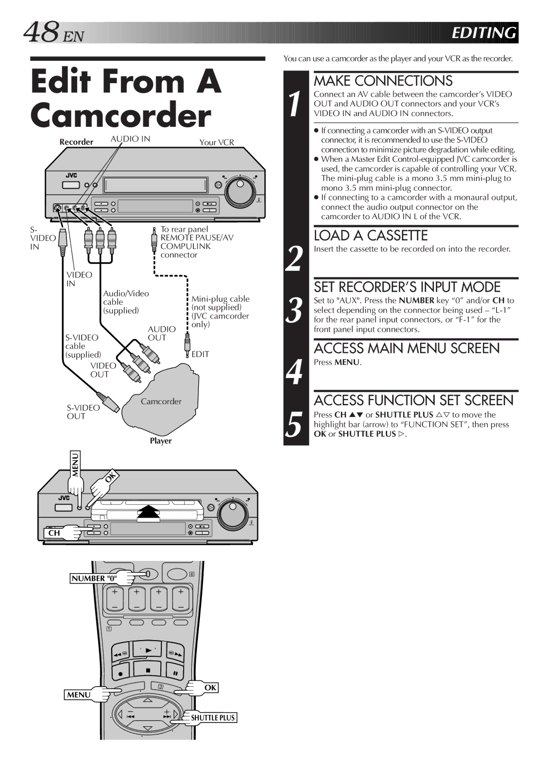 JVC HR-S4600U instruction manual Edit From a Camcorder, Editing, Recorder, Player 